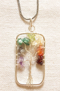 Natural Gemstones Embedded Tree Shaped Pendant Silver Finish Handmade Necklace