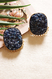 Deep Blue Sugar Druzy Natural Gemstone Embedded Gold Toned Stud Earrings