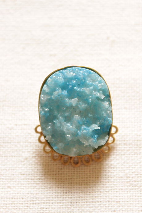 Sky Blue Sugar Druzy Natural Gemstone Embedded Gold Toned Stud Earrings
