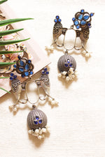 Load image into Gallery viewer, Premium Oxidised Finish Elephant Motif Violet Stones Embedded Statement Earrings
