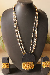 Fabric Pendant White & Golden Beads Dori Closure Long Necklace Set