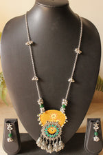 Load image into Gallery viewer, Mustard Fabric Pendant Silver Finish Metal Necklace Set
