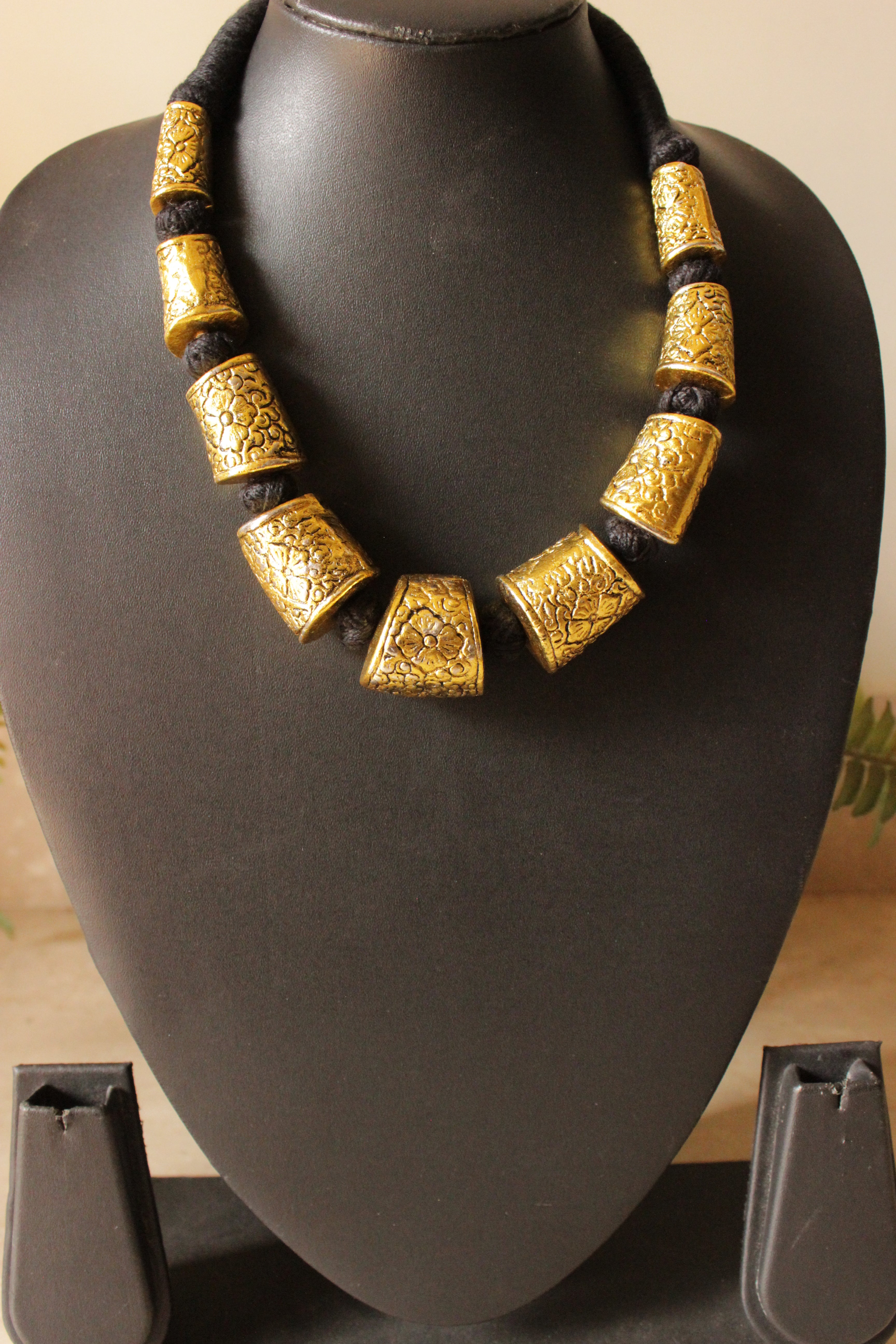 Cotton Thread and Metal Alloy Beads Matt Gold Finish Necklace