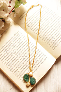 Green Sugar Druzy and Pearl Embedded Gold Plated Brass Chain Necklace
