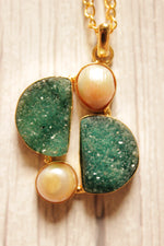 Load image into Gallery viewer, Green Sugar Druzy and Pearl Embedded Gold Plated Brass Chain Necklace
