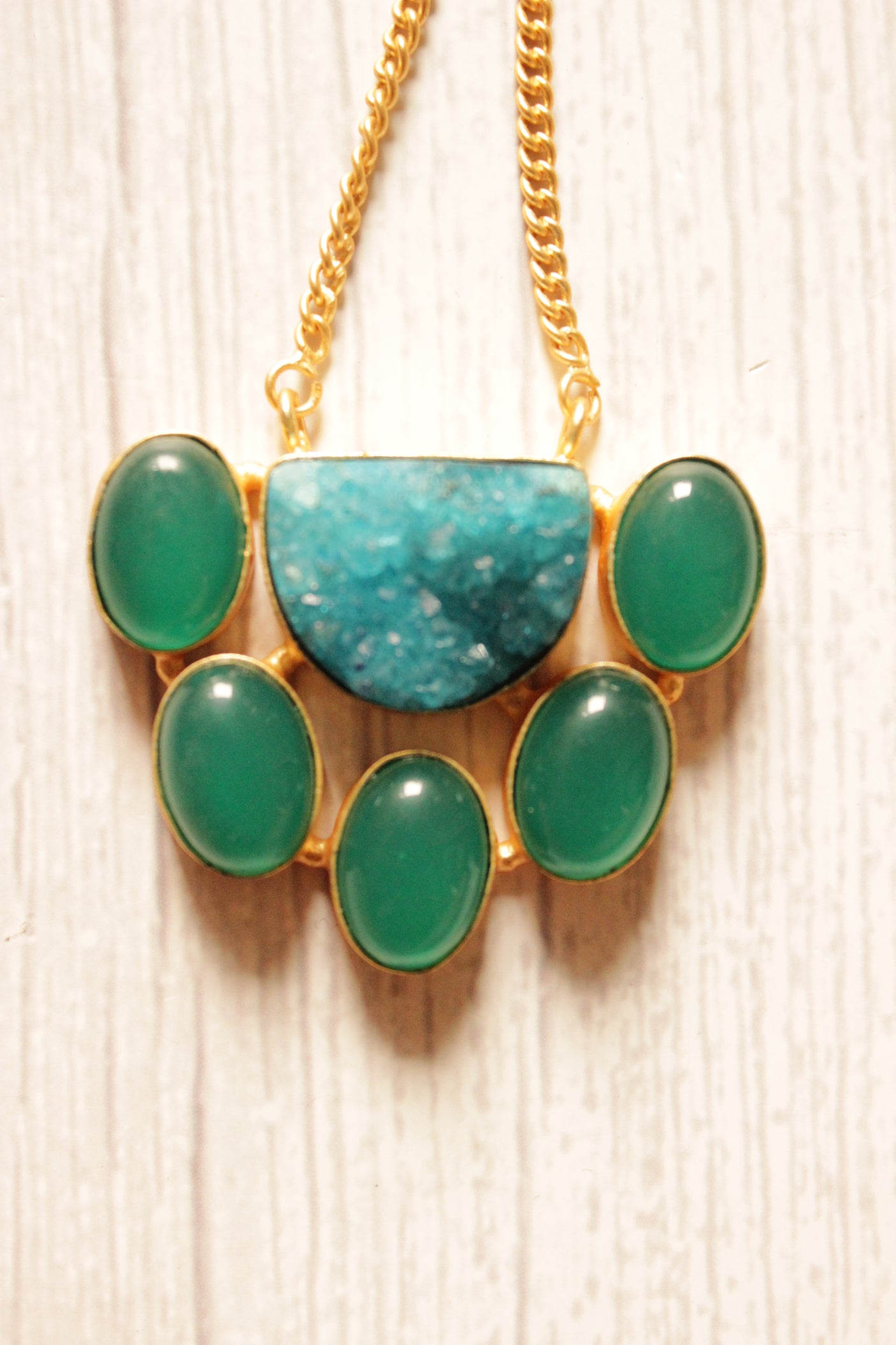 Green Onyx Druzy Handmade Gold Plated Brass Necklace