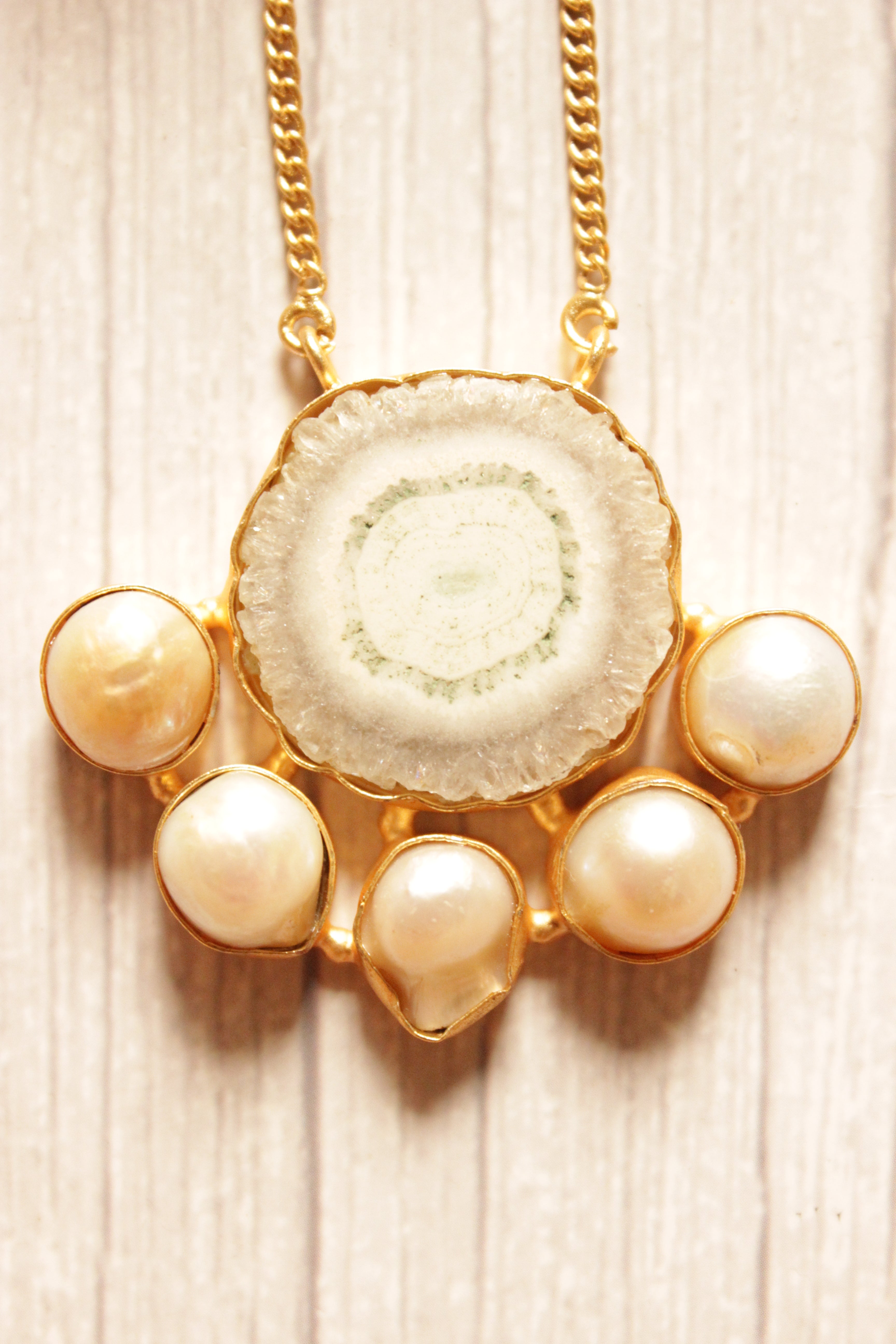 Solar Quartz Baroque Pearl Gemstone Gold Plated Necklace