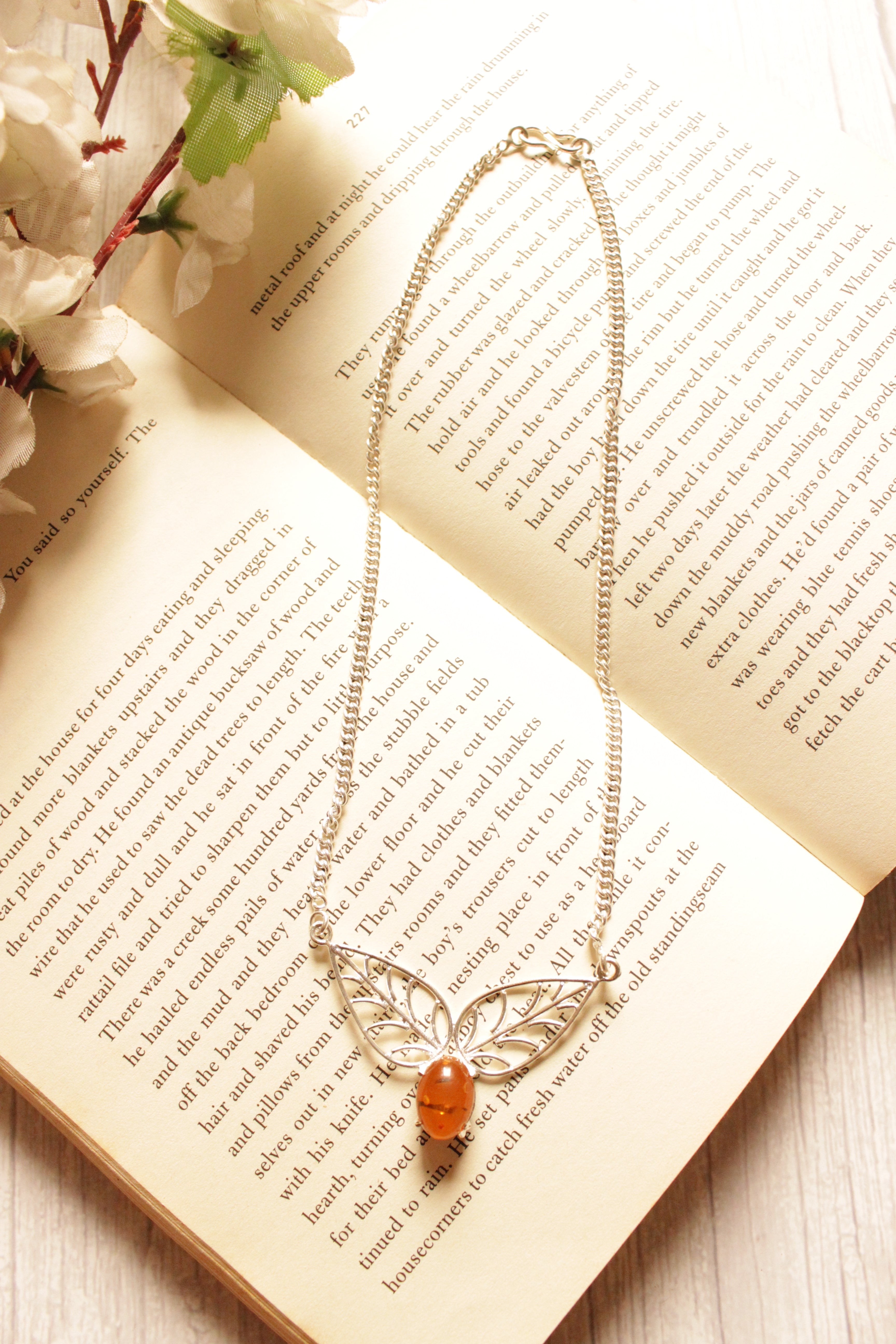 Orange Amber Gemstone Silver Plated Necklace