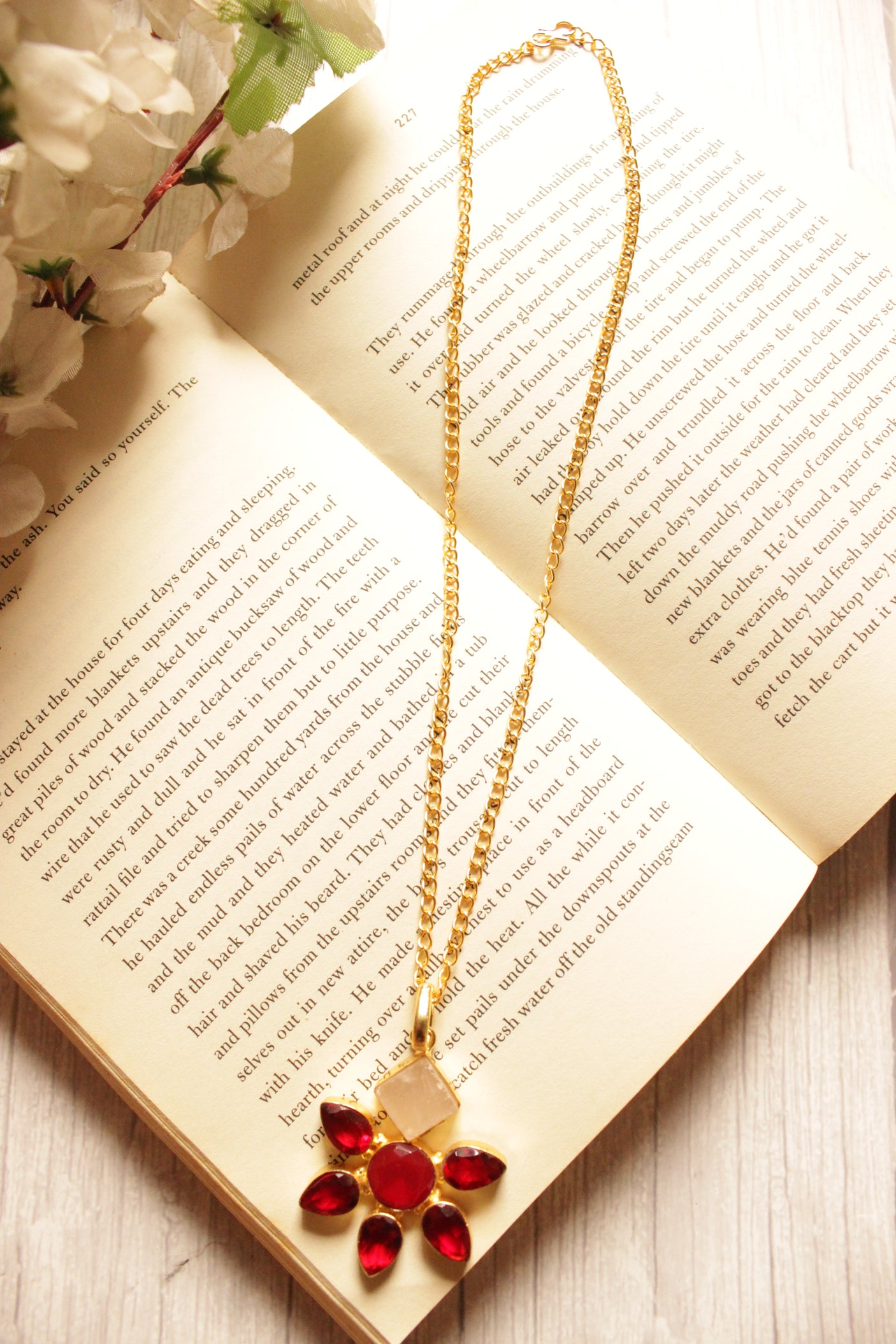 Sunflower Red Garnet Quartz Gemstone Gold Plated Brass Necklace