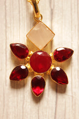 Sunflower Red Garnet Quartz Gemstone Gold Plated Brass Necklace
