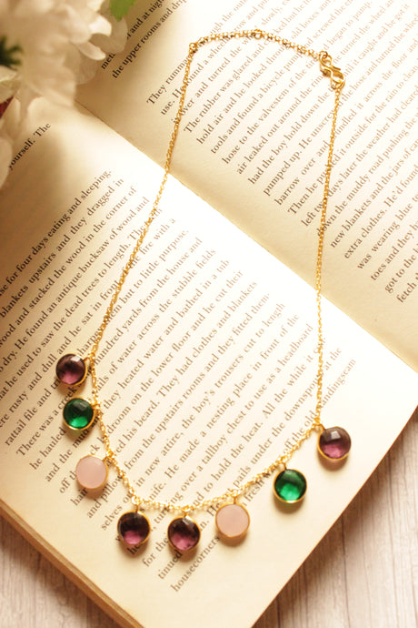 Round Multi-Quartz Gold Plated Brass Chain Necklace