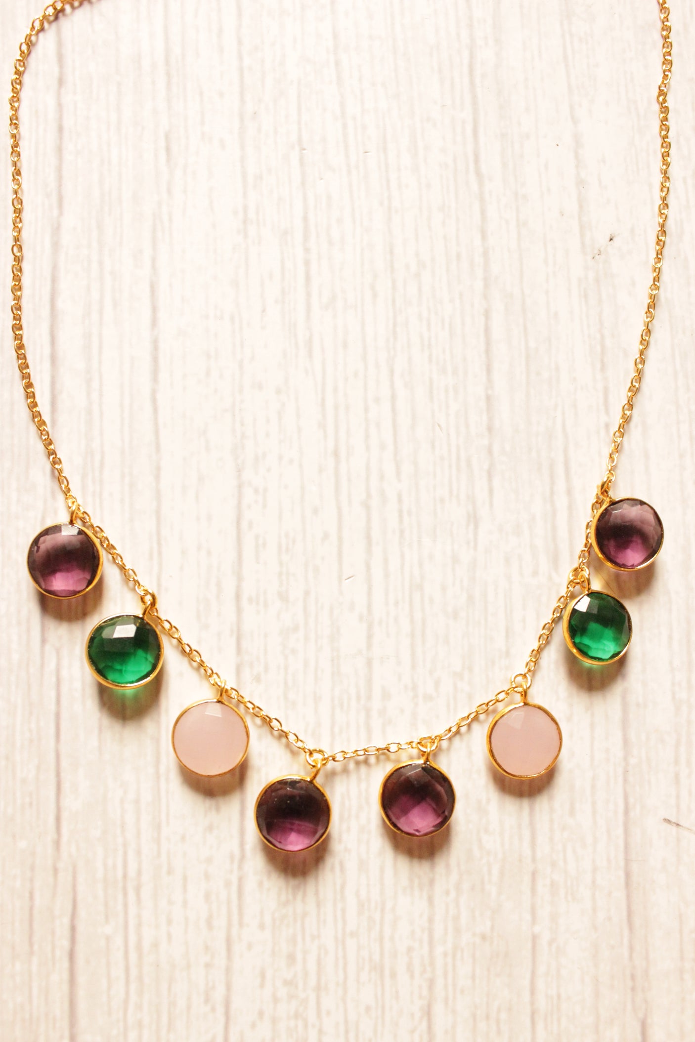 Round Multi-Quartz Gold Plated Brass Chain Necklace