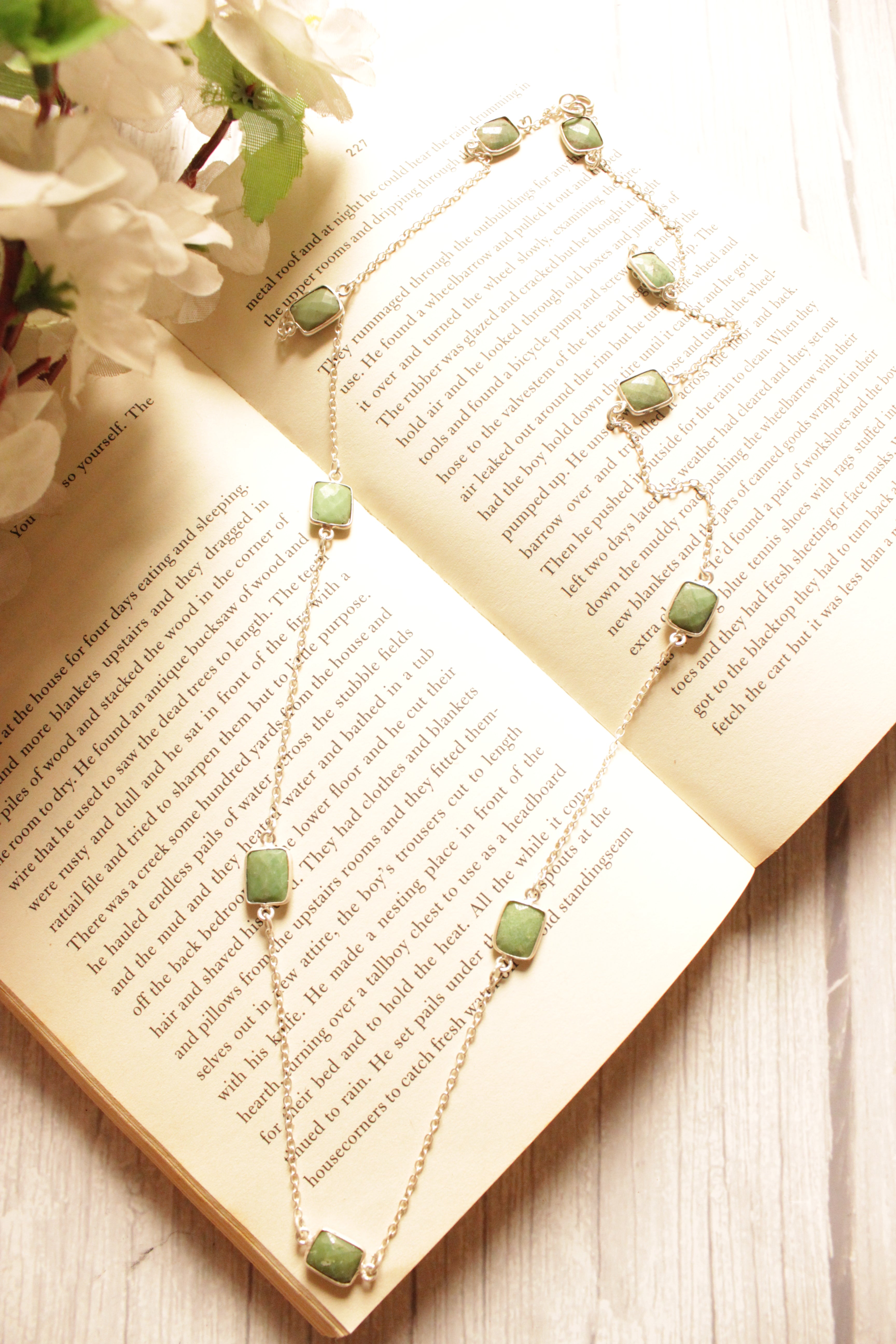 Green Chrysoprace Gemstone Silver Plated Brass Chain Necklace