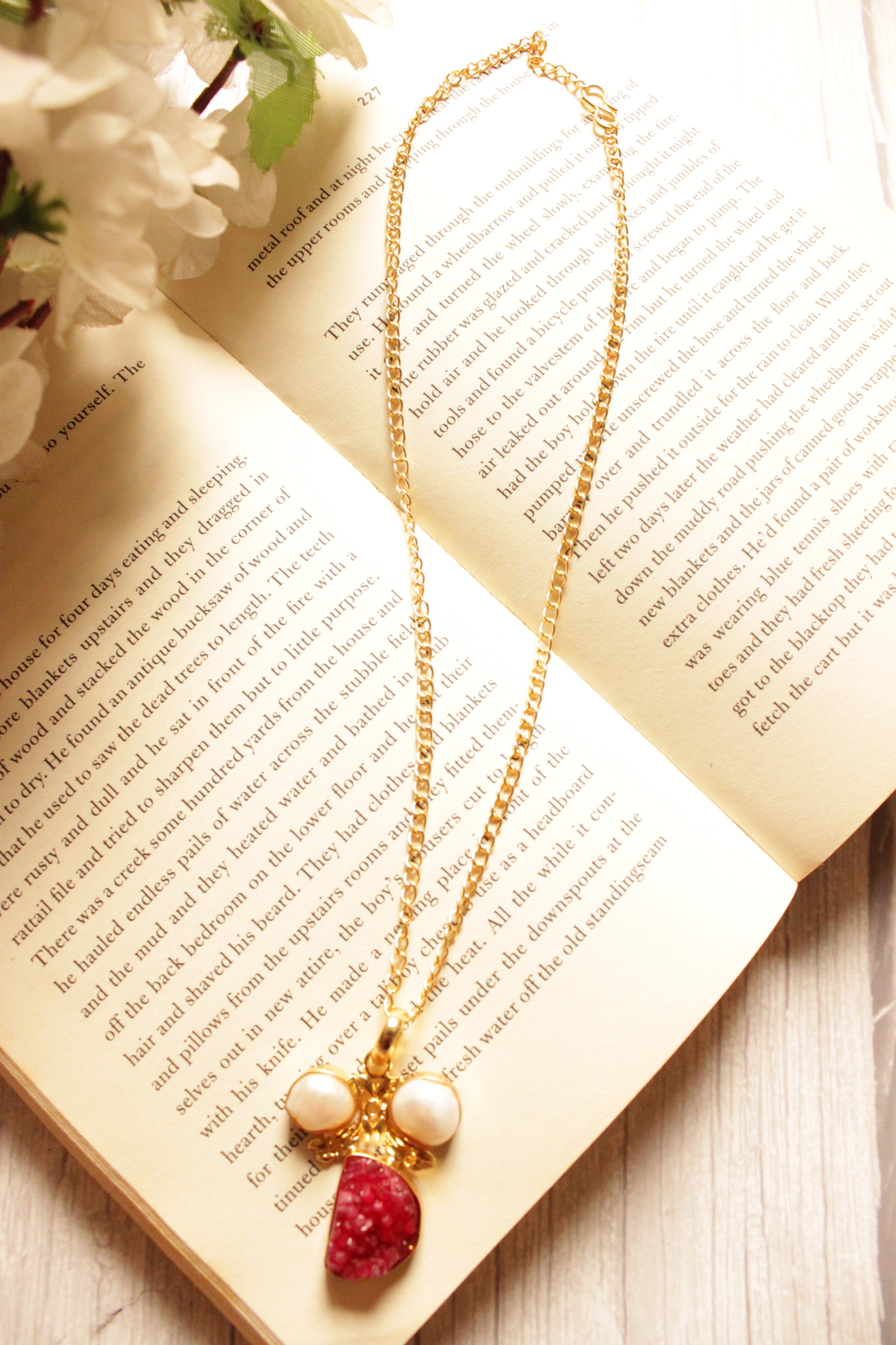 Deep Pink Sugar Druzy Pearl Gemstone Gold Plated Brass Chain Necklace