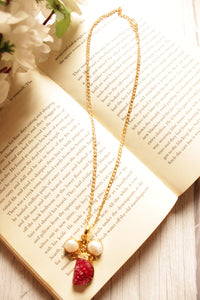 Deep Pink Sugar Druzy Pearl Gemstone Gold Plated Brass Chain Necklace