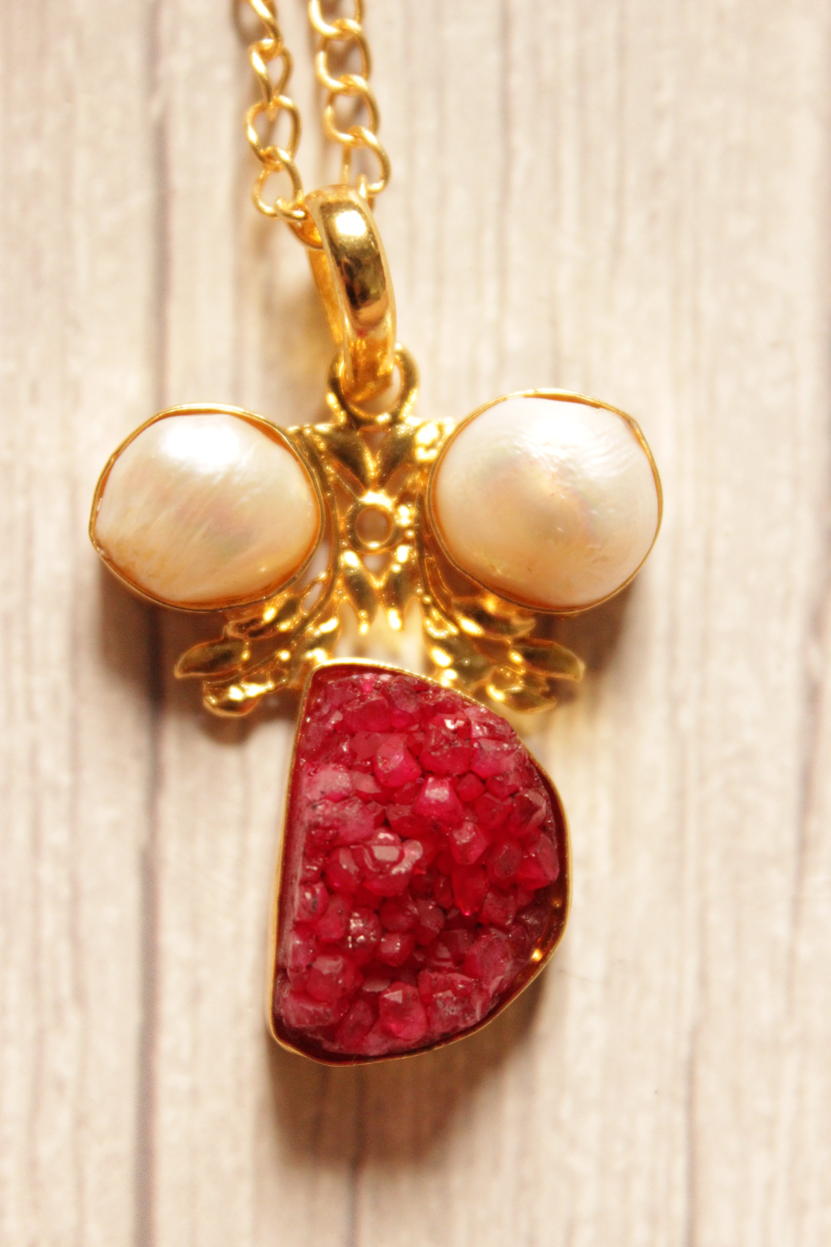 Deep Pink Sugar Druzy Pearl Gemstone Gold Plated Brass Chain Necklace