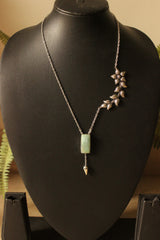 Natural Larimar Leaf Look Gemstone Embedded Silver Finish Brass Necklace