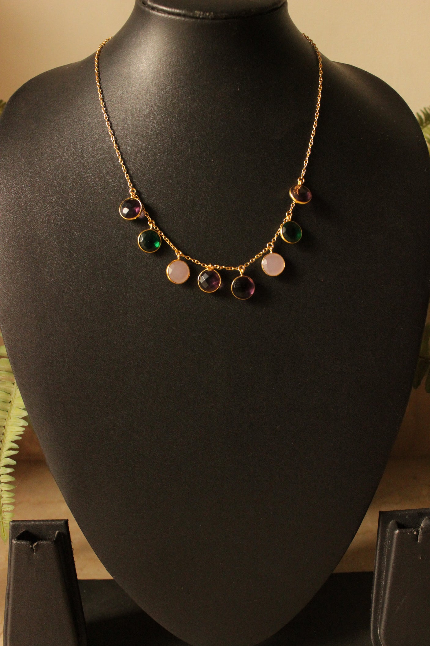 Round Multi-Quartz Gold Plated Brass Chain Necklace