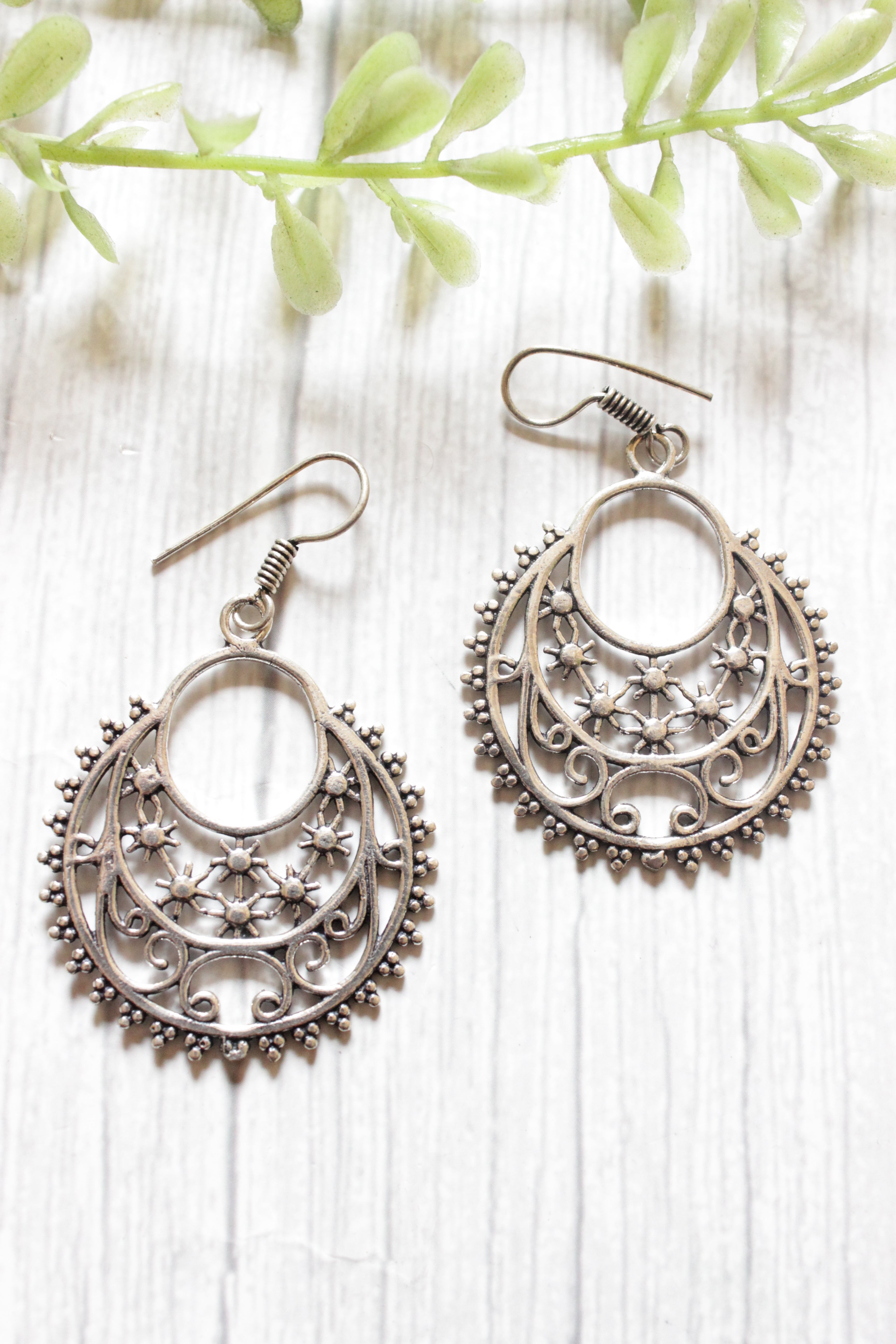 Concentric Circles Sun Motifs Oxidised Finish Brass Earrings