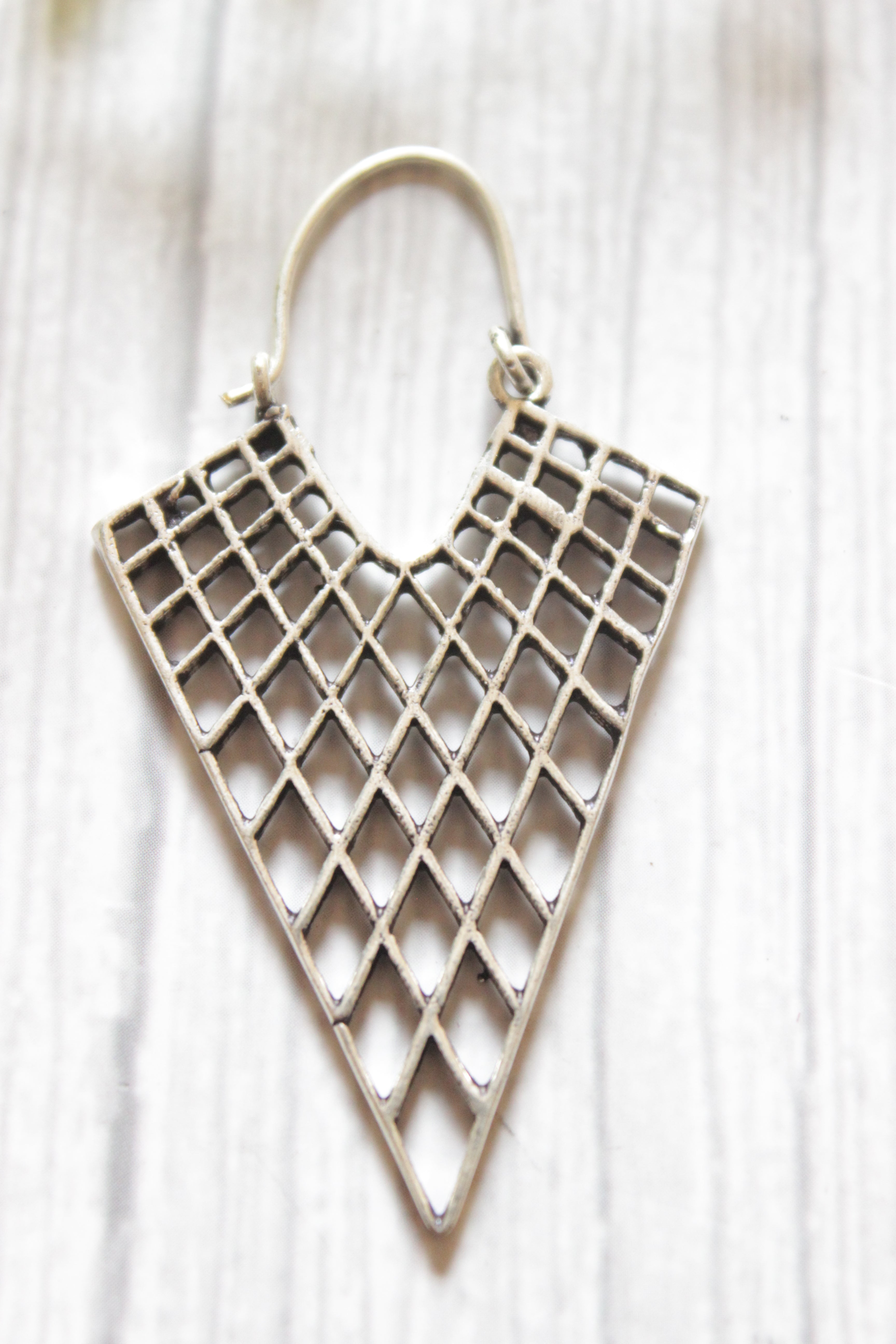 Oxidised Finish Triangular Mesh Brass Earrings