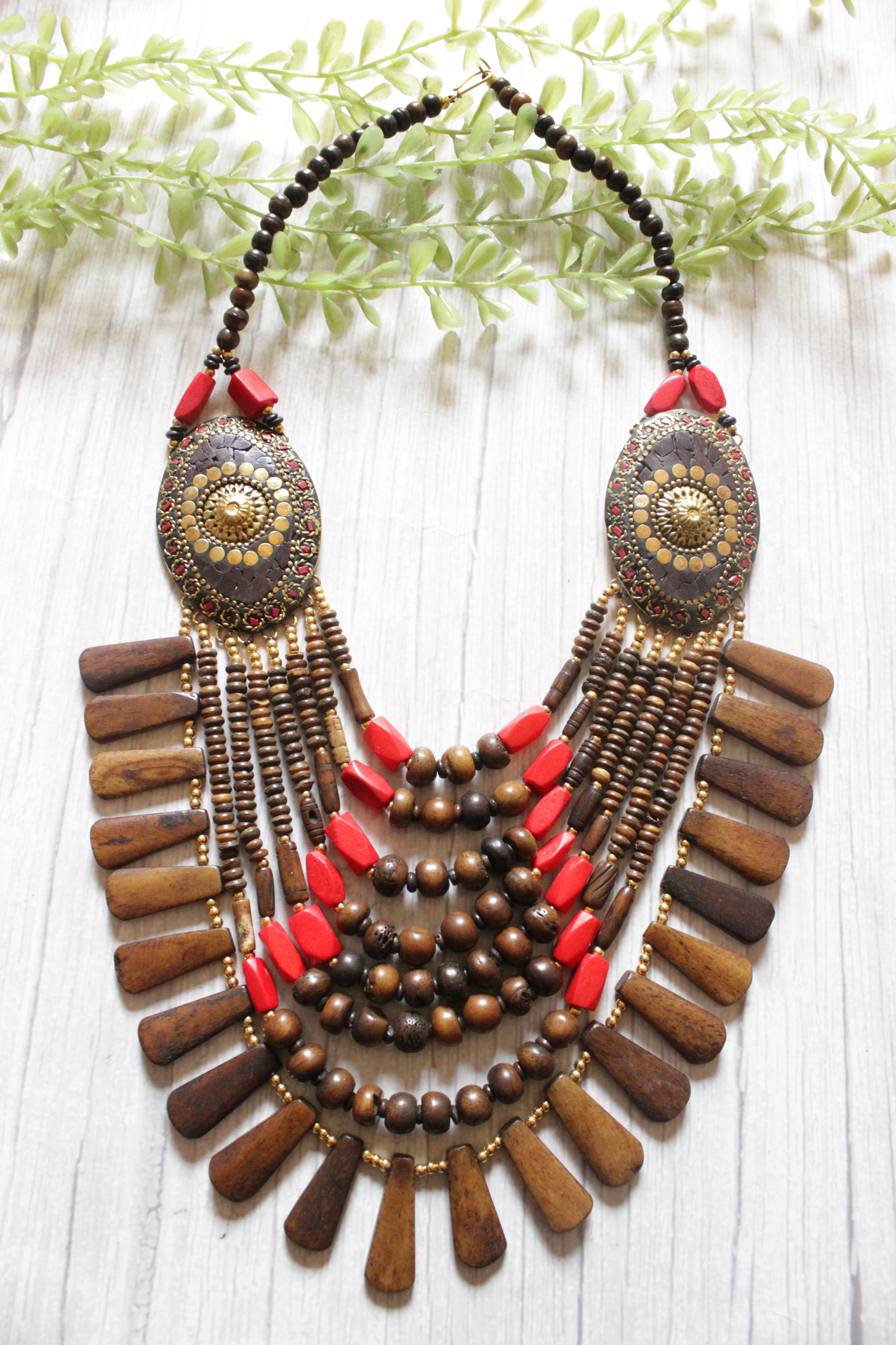 Wooden Brown & Red Flower Embossed Circular Charms Bone Beads Handcrafted Multi-Layer African and Tibetan Tribal Necklace