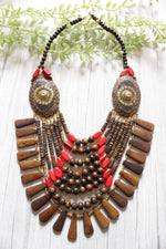 Load image into Gallery viewer, Wooden Brown &amp; Red Flower Embossed Circular Charms Bone Beads Handcrafted Multi-Layer African and Tibetan Tribal Necklace
