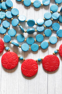 Blue & Red Flower Embossed Circular Charms Bone Beads Handcrafted Multi-Layer African and Tibetan Tribal Necklace