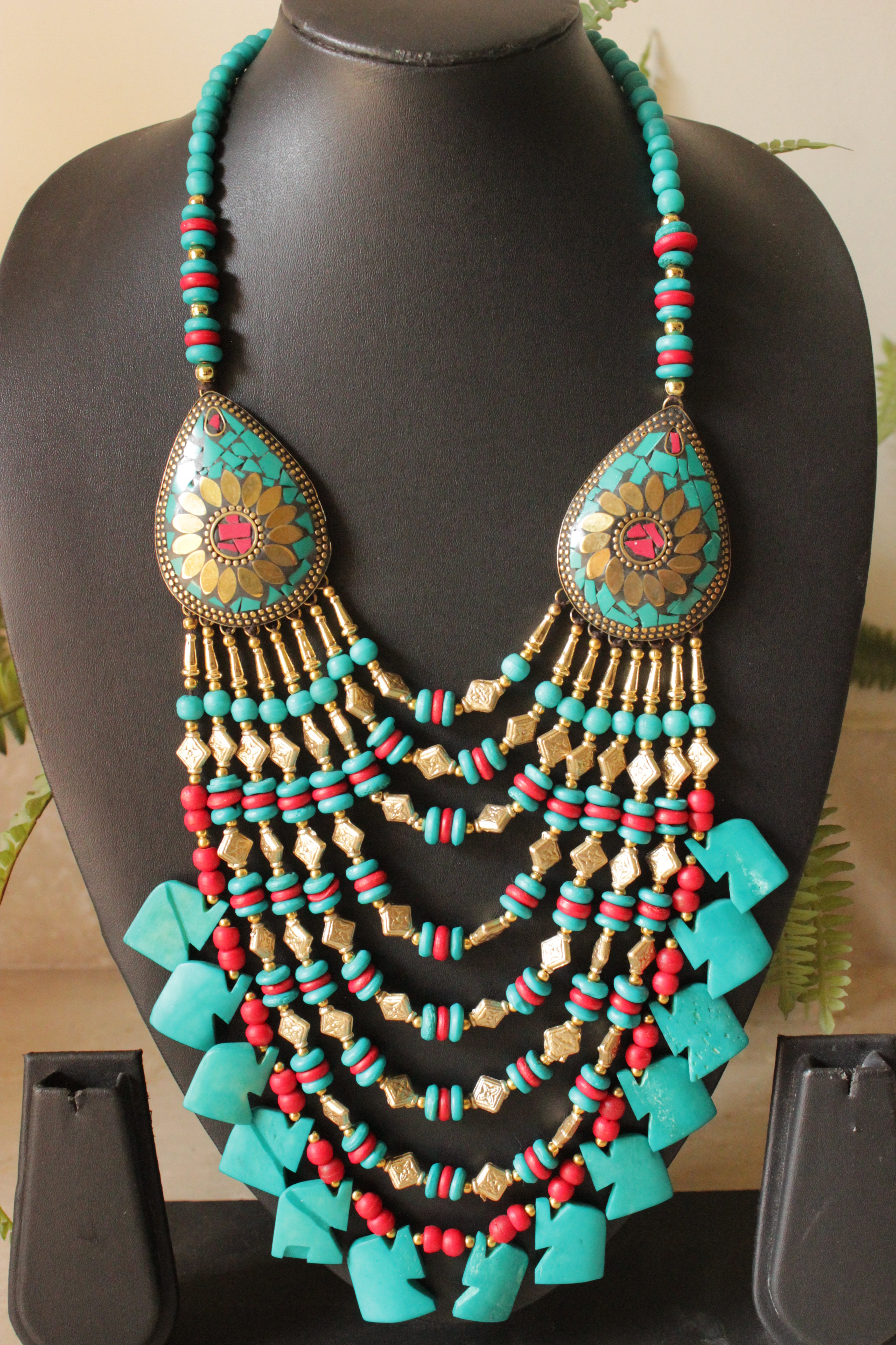 Turquoise & Red Bone Beads Handcrafted Multi-Layer African and Tibetan Tribal Necklace