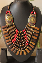 Wooden Brown & Red Flower Embossed Circular Charms Bone Beads Handcrafted Multi-Layer African and Tibetan Tribal Necklace