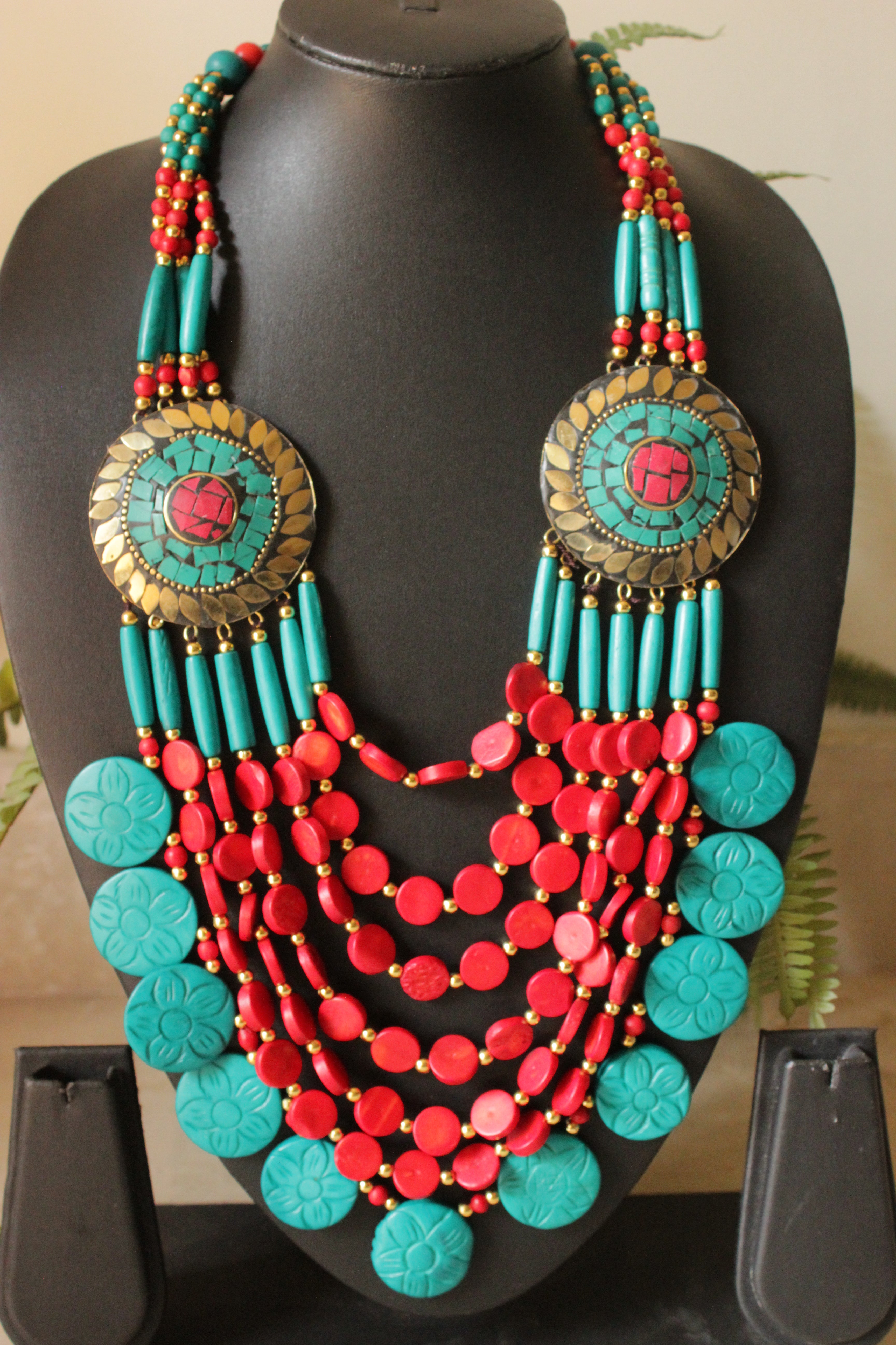 Red & Turquoise Bone Beads Handcrafted Multi-Layer African and Tibetan Tribal Necklace