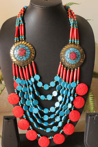 Blue & Red Flower Embossed Circular Charms Bone Beads Handcrafted Multi-Layer African and Tibetan Tribal Necklace