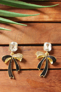 Bow Shaped Gold Toned Glass Stone Embedded Stud Earrings