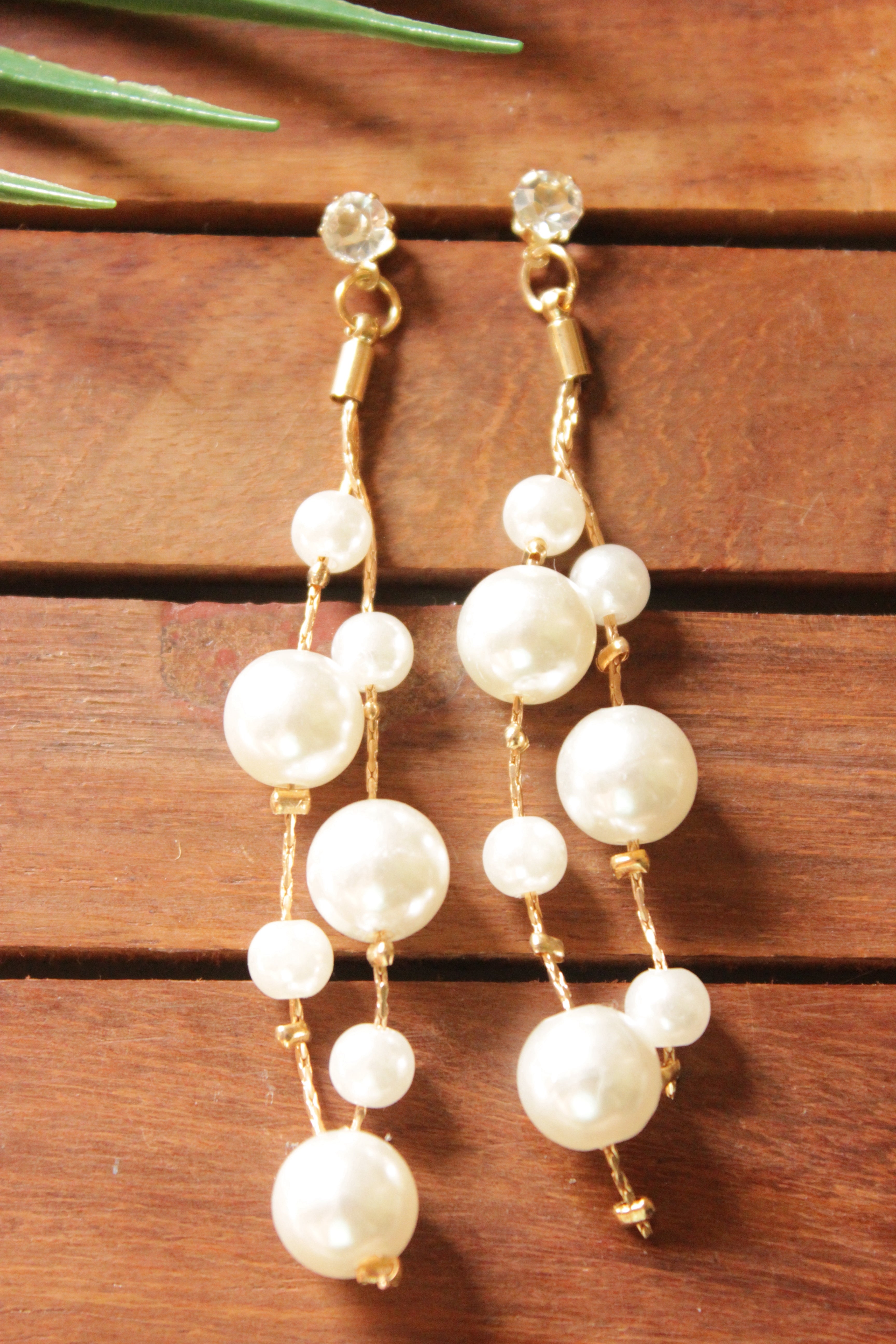 Gold Toned Long Tassels Pear Stone Earrings