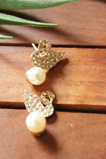 Load image into Gallery viewer, Rhinestones Embedded Gold Toned Swan Pearl Stone Stud Earrings
