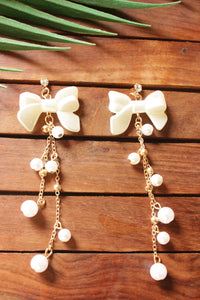 Bow Motifs Long Pearl Tassels Earrings