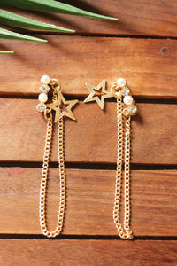 Pearl and Glass Stones Star Motifs Gold Toned Chain Earrings