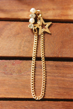 Load image into Gallery viewer, Pearl and Glass Stones Star Motifs Gold Toned Chain Earrings

