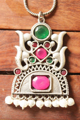 Premium Oxidised Finish Glass Stones & Pearl Embedded Pendant Chain Necklace