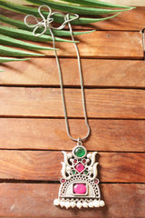 Premium Oxidised Finish Glass Stones & Pearl Embedded Pendant Chain Necklace