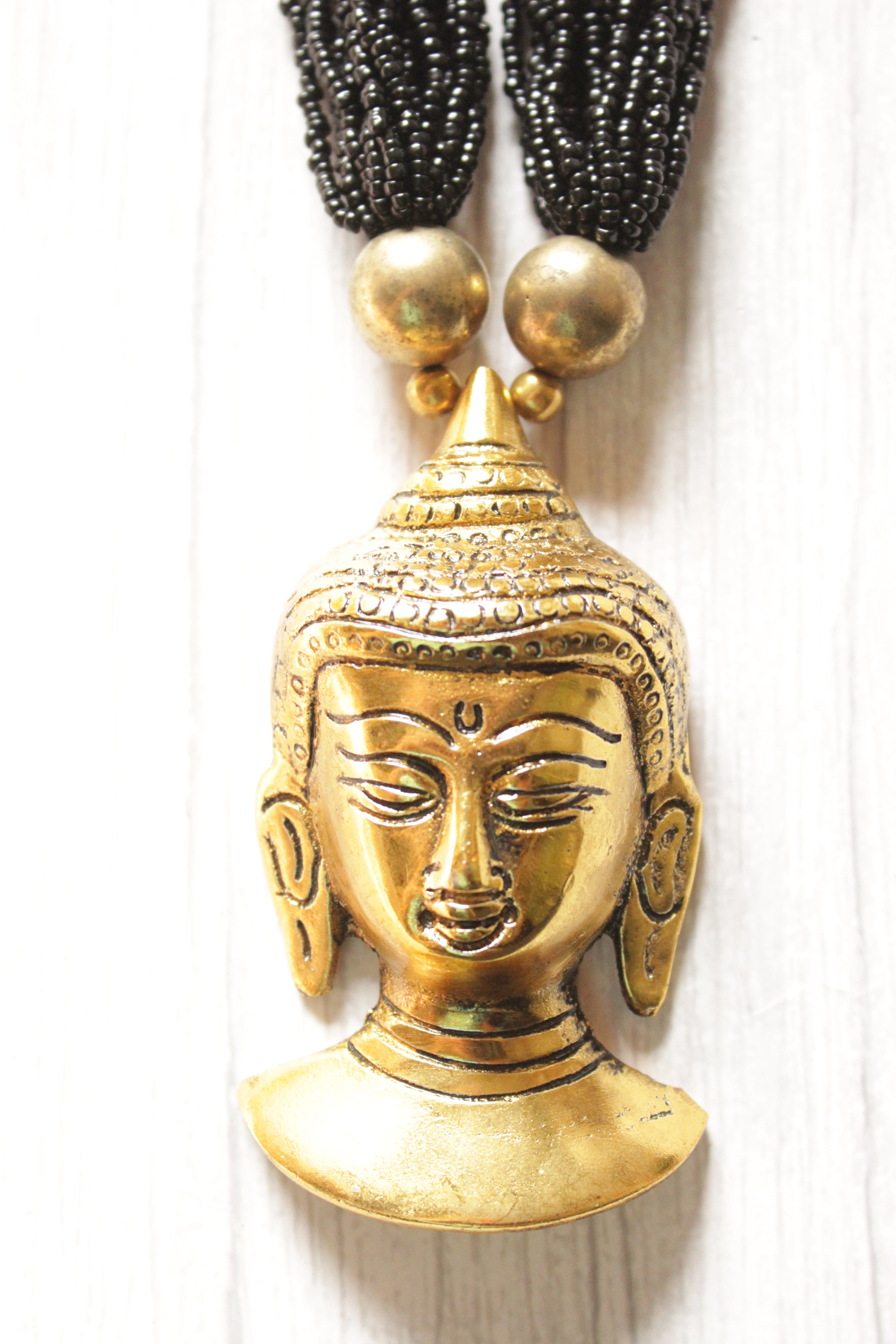 Black Beads Handcrafted Long Buddha Pendant Necklace