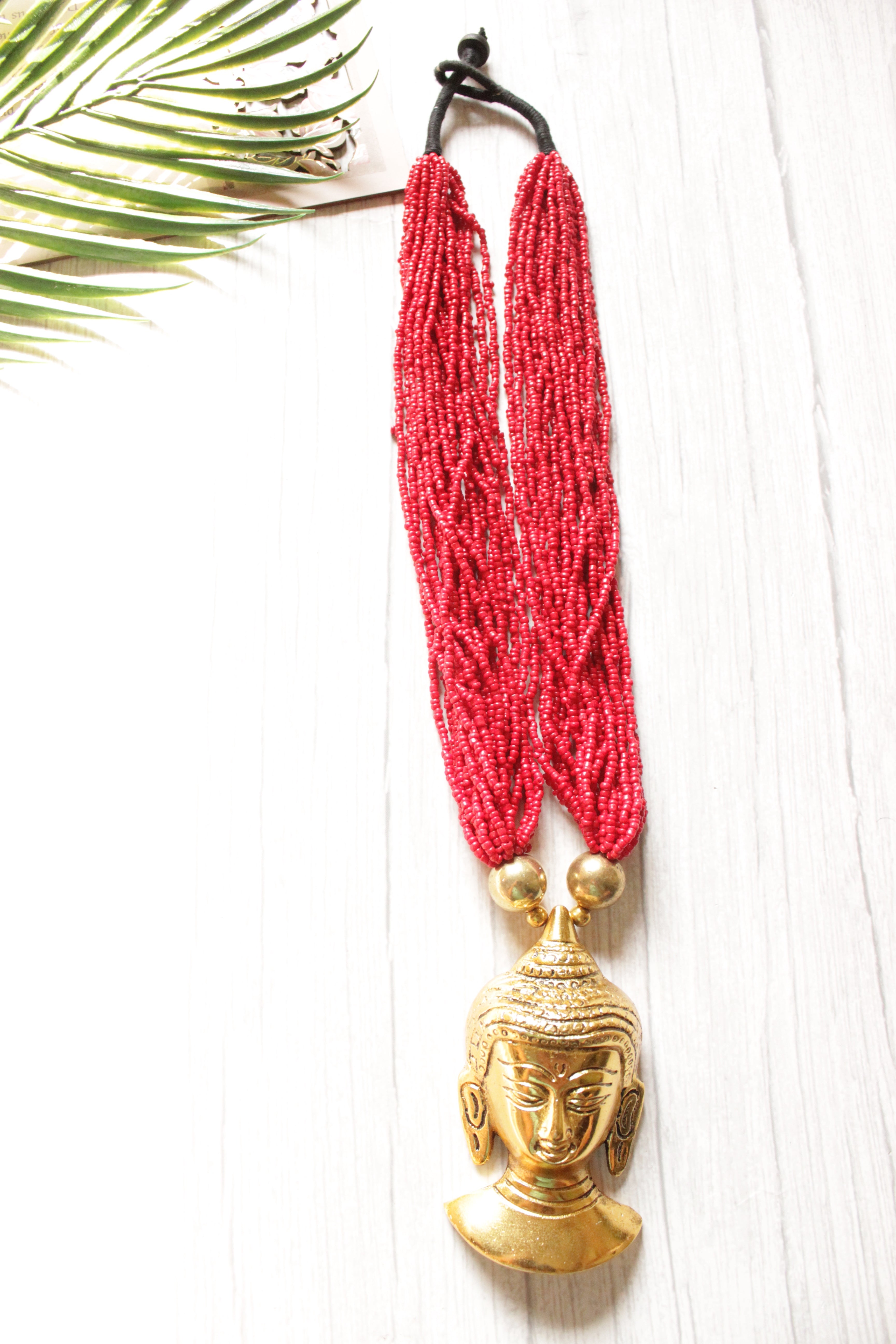 Red Beads Handcrafted Long Buddha Pendant Necklace