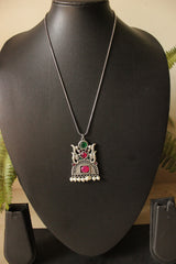 Premium Oxidised Finish Glass Stones & Pearl Embedded Pendant Chain Necklace