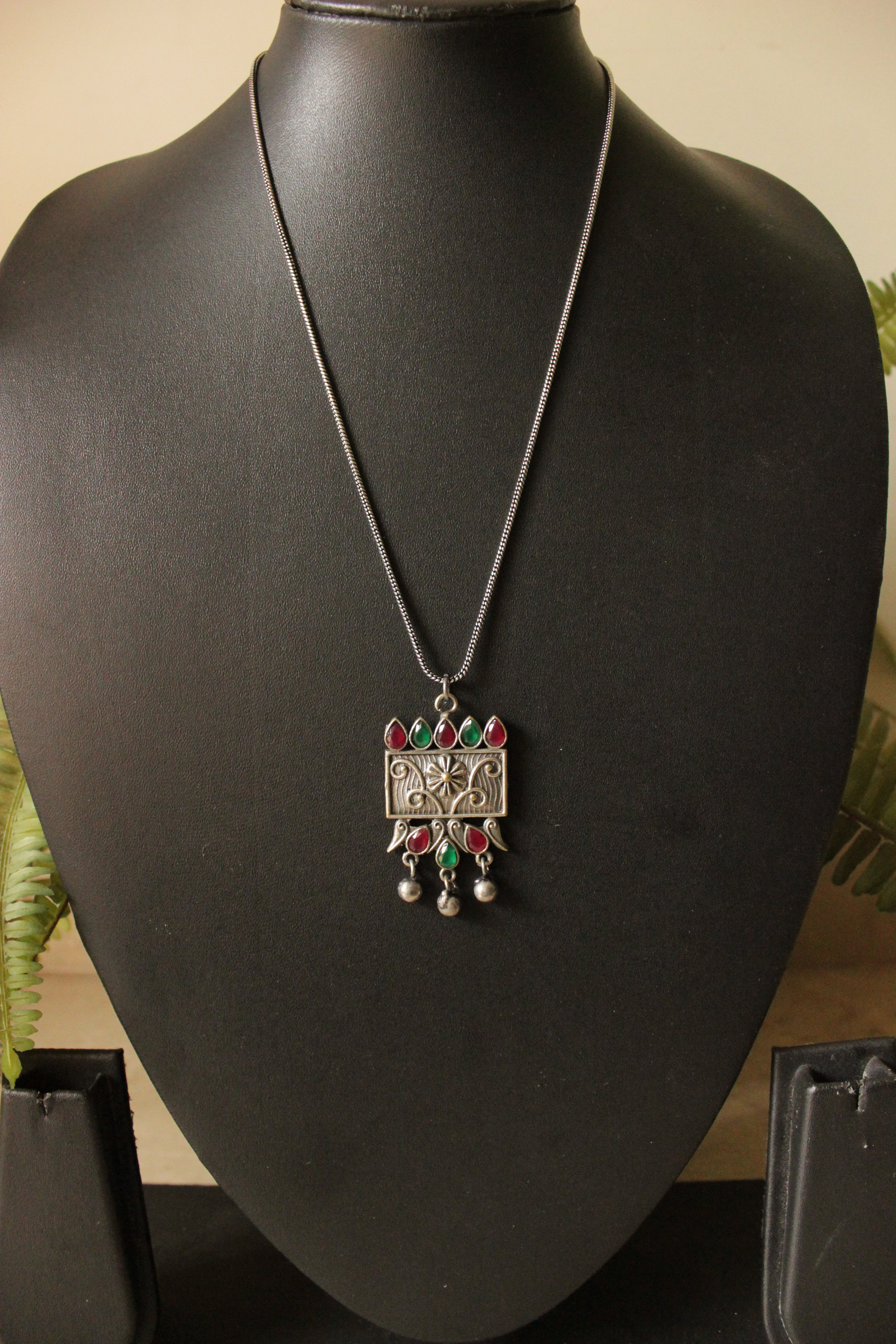 Premium Oxidised Finish Metal Pendant with Ruby Red & Green Stones Necklace