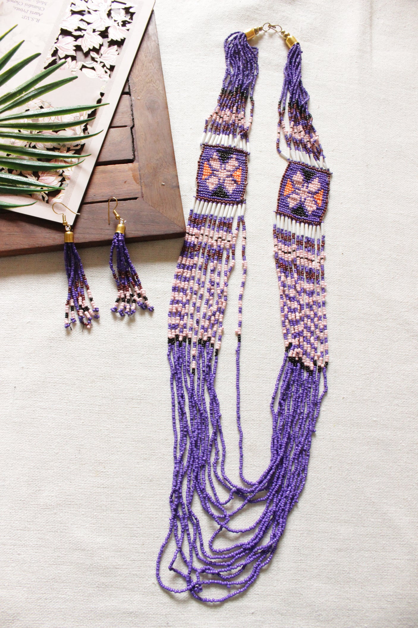 Hand Braided Purple and White Seed Beads Beaded Necklace