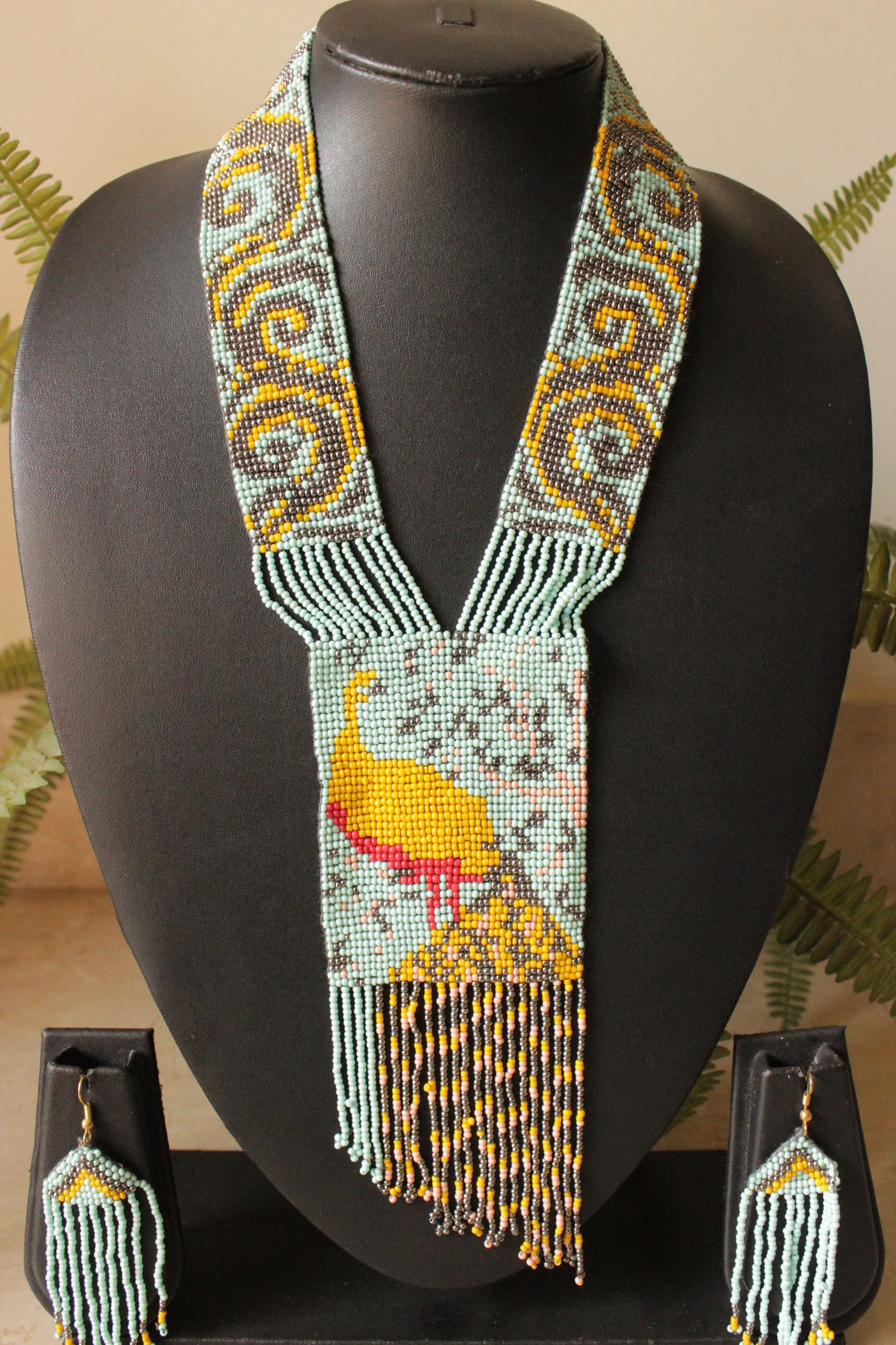 Blue and Mustard Peacock Motif Seed Beads Handmade Beaded Necklace