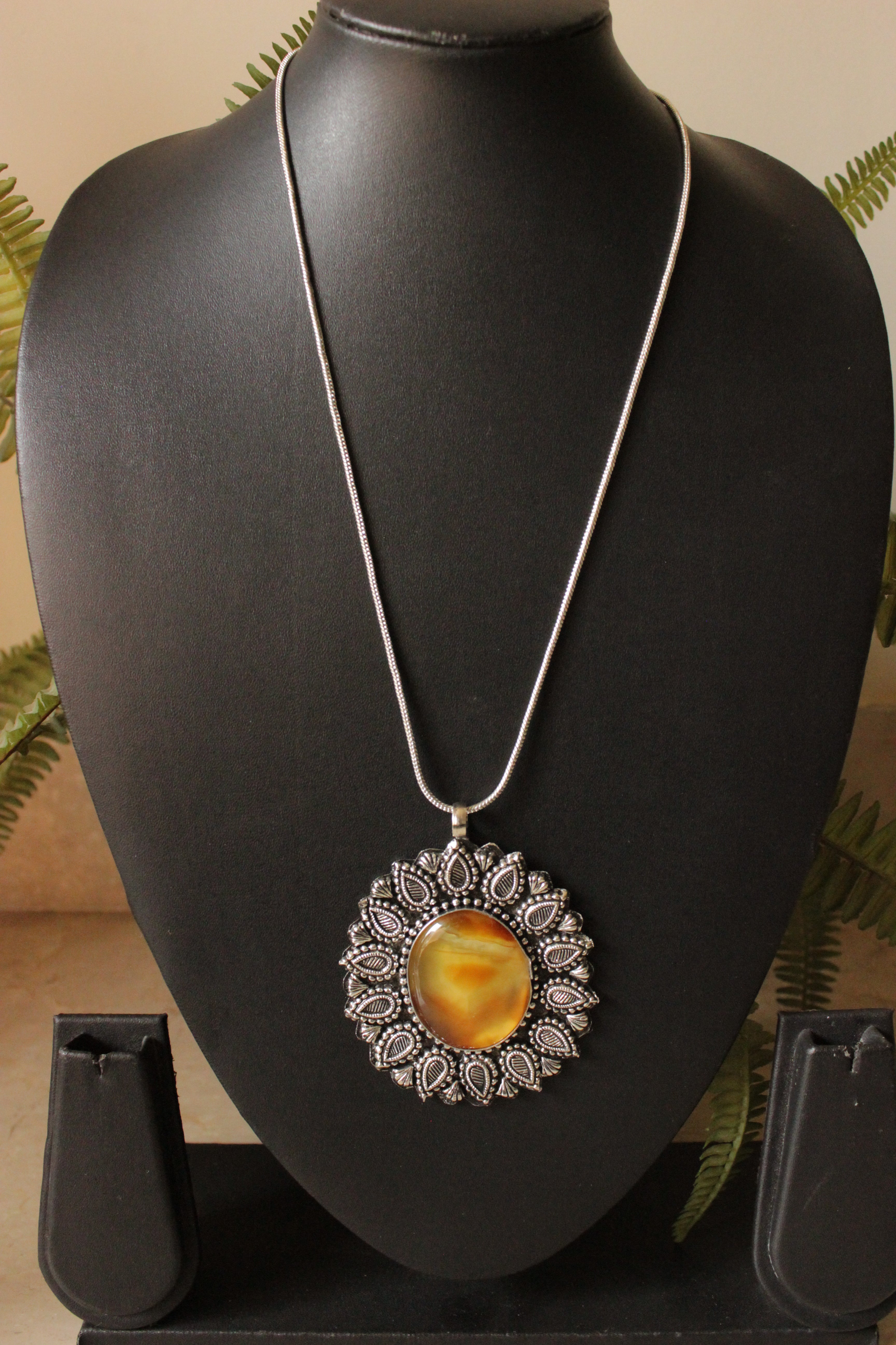 Sun Yellow Shaded Natural Gemstone Oxidised Finish Pendant Chain Necklace