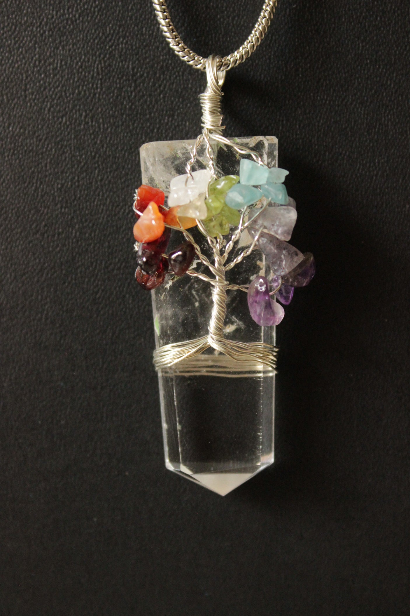 7 Chakra Tree of Life Natural Stone Beads Wrapped on a Natural Cut Glass Stone Pendant Brass Chain Necklace