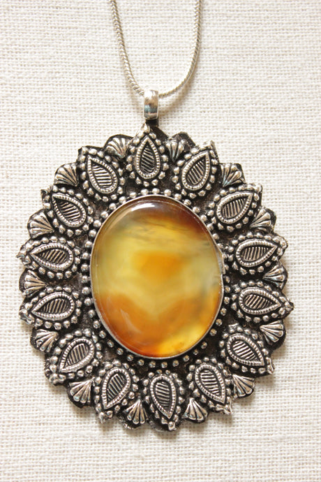 Sun Yellow Shaded Natural Gemstone Oxidised Finish Pendant Chain Necklace
