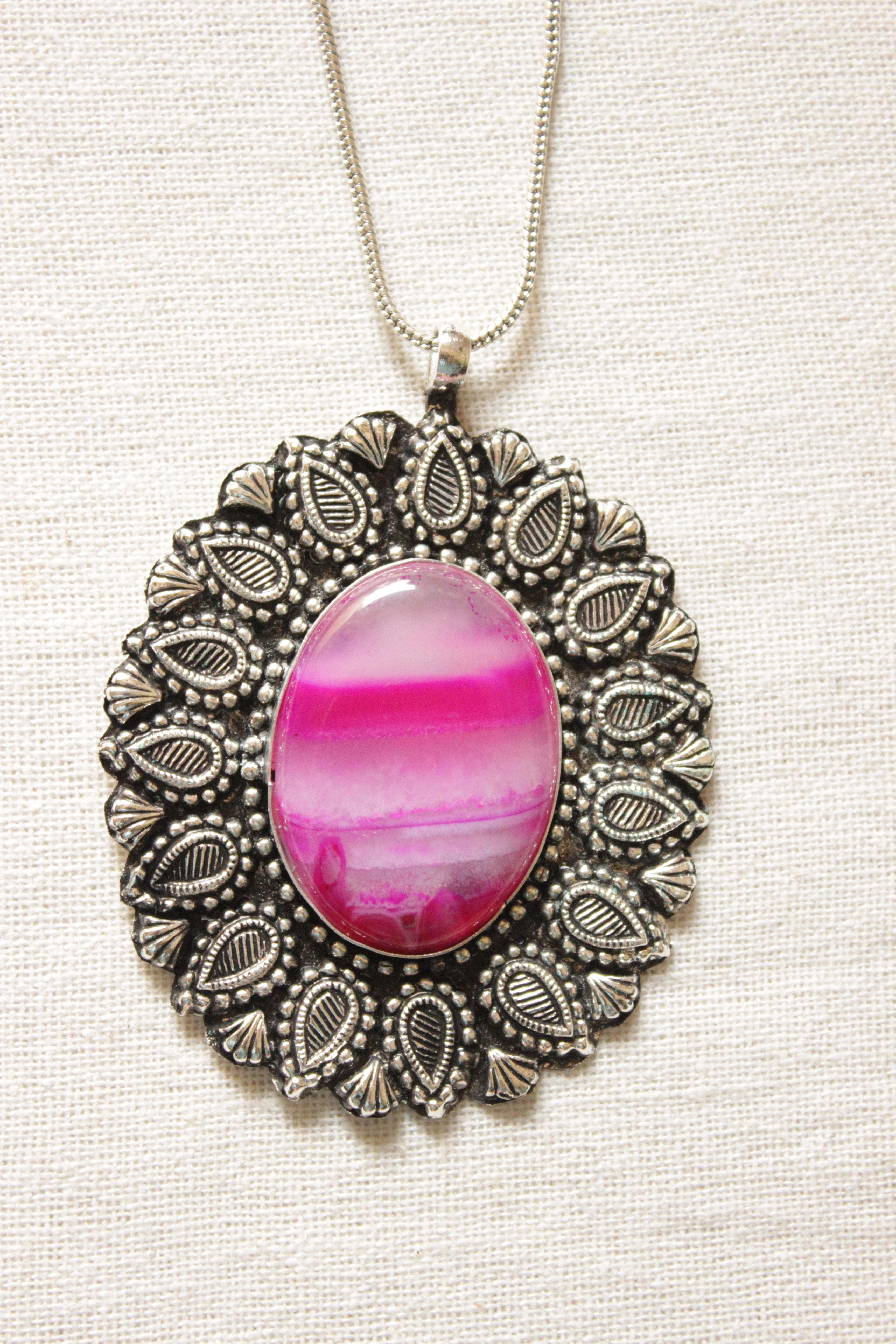 Pink Shaded Natural Gemstone Oxidised Finish Pendant Chain Necklace