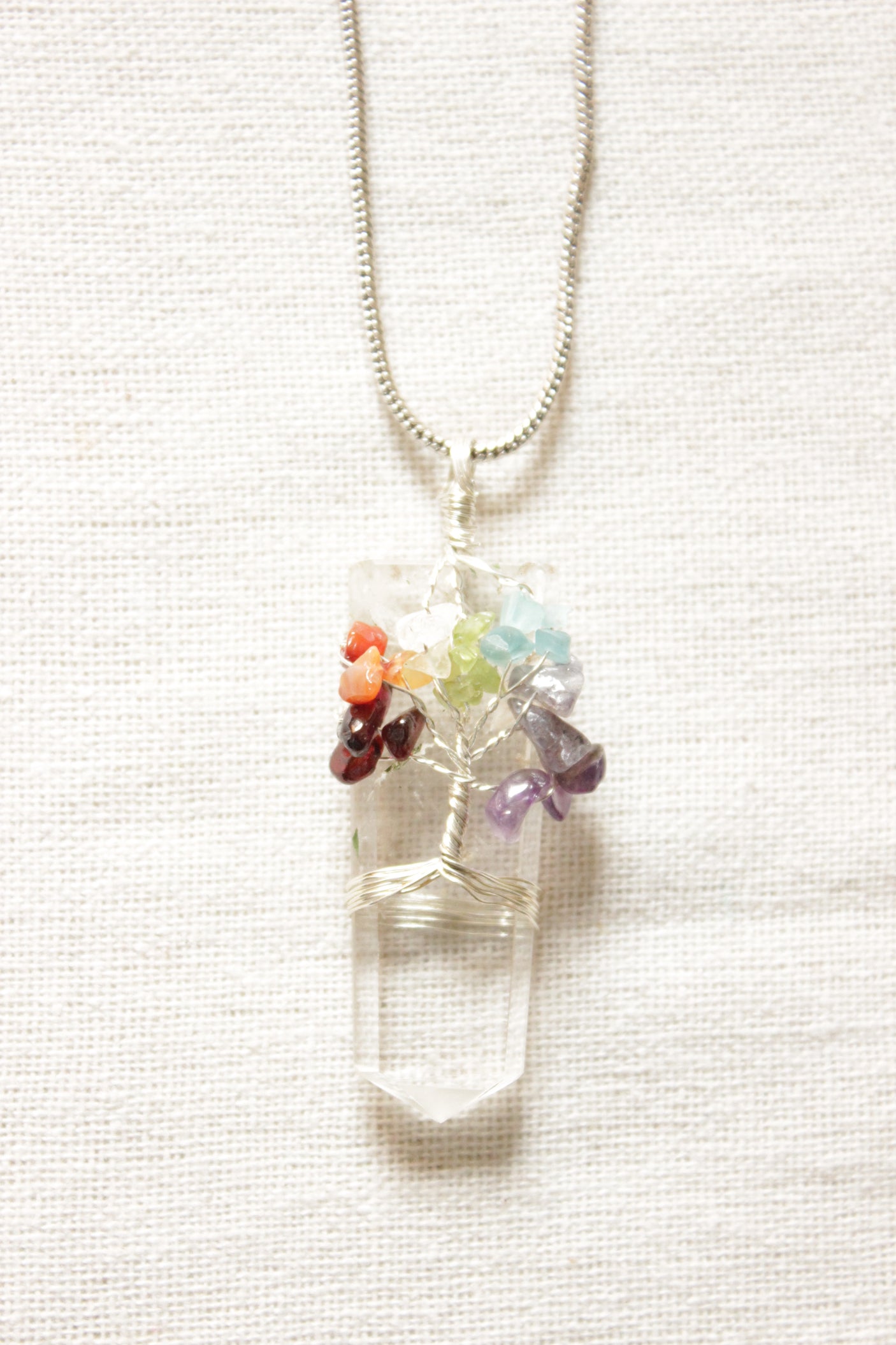 7 Chakra Tree of Life Natural Stone Beads Wrapped on a Natural Cut Glass Stone Pendant Brass Chain Necklace